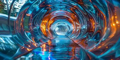 A captivating view of a vibrant water slide tunnel with bright reflections and abstract patterns, evoking adventure photo