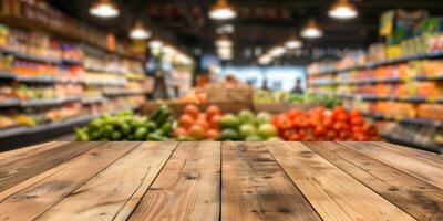 A lively grocery store scene with vibrant fresh produce and a rustic wooden table enhancing the shopping experience photo