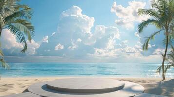 Imagine a tranquil beach with a beautiful podium among swaying palm trees, as gentle waves lap at the golden shore beneath an azure sky dotted with fluffy cloudsperfect for relaxation photo