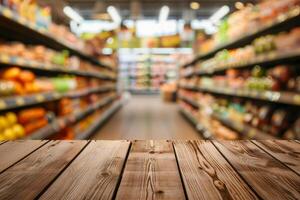 A slightly blurry view of a grocery store aisle that is filled with an array of fresh produce and various goods photo