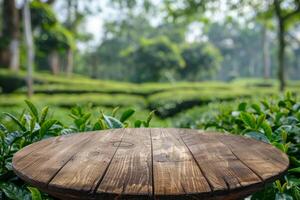 A charming rustic wooden table gracefully situated amidst lush, vibrant greenery, ideal for delightful outdoor dining photo