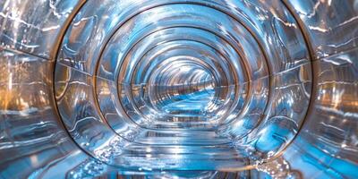 A mesmerizing view of a translucent water slide tunnel that is dramatically illuminated with stunning blue lighting photo