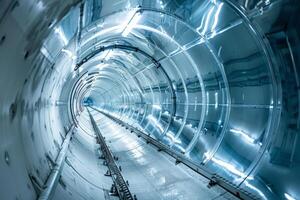 A sleek, modern tunnel showcasing bright lights and reflective surfaces, ideal for futuristic themes. photo