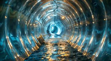 An enchanting and mesmerizing view of a clear water slide tunnel, brilliantly illuminated with dynamic lighting effects photo