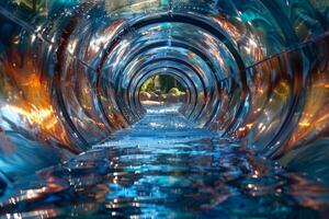 A vibrant and colorful view of an underwater tunnel, showcasing shimmering water and captivating reflections photo