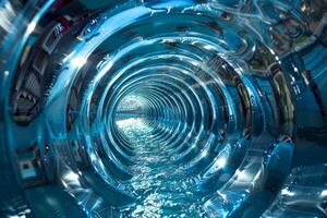 A breathtaking and stunning view of an aquatic tunnel featuring mesmerizing light reflections and vibrant azure water photo
