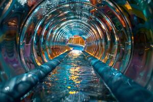 A visually stunning view of a vibrant water slide tunnel featuring flowing water and colorful reflections all around photo