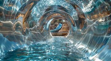 Experience a thrilling view as you glide inside a captivating water slide tube filled with sparkling blue water photo