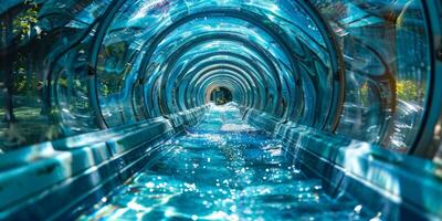 A mesmerizing and captivating view of a transparent water slide that is beautifully surrounded by shimmering blue water photo