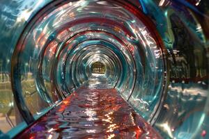 A vibrant and colorful water slide tunnel, overflowing with sparkling water, perfect for exciting fun in water parks photo