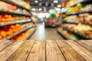 A vibrant grocery store bursting with colorful fruits and vegetables, prominently featuring a wooden table for display photo