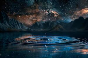 A beautifully serene landscape adorned with cosmic elements, all reflected in the tranquil waters beneath a starry sky photo