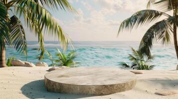 Picture a tranquil beach with a round podium on the sandy shore, surrounded by lush palm trees, as gentle ocean waves lap at the beach, creating a serene atmosphere ideal for relaxation photo