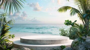 Imagine a serene podium set against a stunning ocean view, surrounded by lush greenery and the calming sounds of waves, creating a perfect space for events, intimate gatherings, or meditation photo