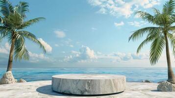 Imagine a serene podium beautifully situated in a tropical paradise, flanked by elegant palm trees, and effortlessly overlooking a calm ocean under a bright and inviting sky that enhances the scenery photo