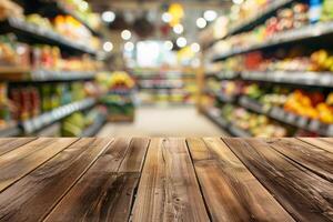 A beautifully blurred grocery aisle filled with a diverse array of colorful produce, arranged on a rustic wooden table photo