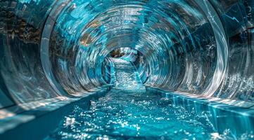 Experience a thrilling view of an exceptionally bright, transparent water slide filled with vibrant blue water photo