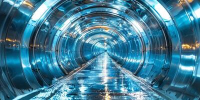 A sleek, illuminated tunnel with metallic walls and a reflective floor, suggesting advanced technology. photo