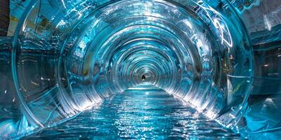 A stunning view of a water slide tunnel illuminated in blue, showcasing a thrilling aquatic adventure. photo