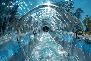 An exhilarating perspective captured inside a vibrant water slide tube, set in a colorful and joyful water park photo