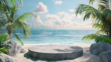 Imagine a serene podium on a beautiful beach, surrounded by lush palm trees and rocky formations, with a breathtaking ocean view framed by fluffy clouds, creating a tropical paradise photo