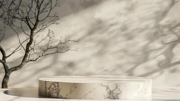 This elegantly designed podium features stunning marble textures, complemented by a charming tree and gentle shadows, making it ideal for showcasing modern aesthetics with grace and sophistication photo