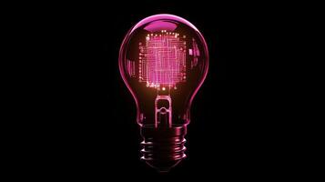 A vibrant pink light bulb with a detailed microcircuit design stands out against a deepblack background, symbolizing innovation and advanced technology, inviting admiration and curiosity photo