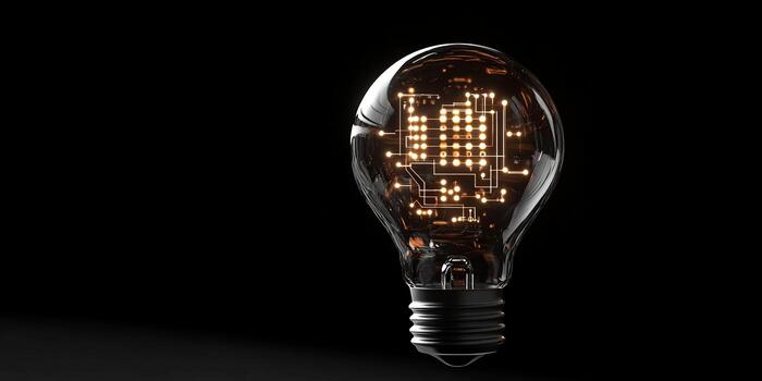 Imagine a beautifully crafted light bulb with a glowing microcircuit, set against a textured background that embodies innovation and groundbreaking technology in a captivating way photo