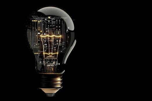 A truly captivating light bulb that showcases an intricate microcircuit design, beautifully illuminated against a striking black background, demonstrating both innovation and advanced technology photo