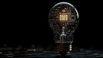 This artistic depiction shows a beautifully designed light bulb with intricate microcircuit patterns on a contrasting black background, symbolizing innovation and modern technological advancements photo