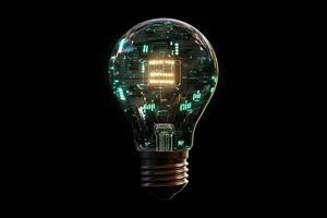 This innovative and highly creative light bulb design showcases advanced microcircuit technology set against a striking, dark background, representing the promising future of modern illumination photo