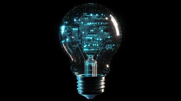 This captivating light bulb design features a glowing microcircuit interior that stands out against a dark backdrop, symbolizing the blend of advanced technology and a bright future photo