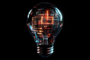 A stunning and creative visualization of a light bulb that showcases intricate microcircuit patterns, all set against a contrasting dark background that beautifully highlights its illuminated details photo
