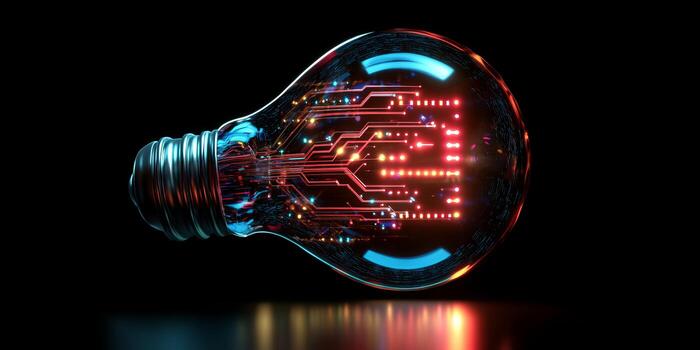 This captivating image of a unique light bulb showcases glowing microcircuitry against a dark background, symbolizing advanced technology and ongoing innovation in our modern world photo