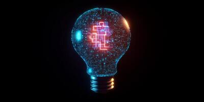 A glowing light bulb showcases an intricate microcircuit design that merges advanced technology with artistry, set against a dark background to enhance its stunning features for maximum impact photo
