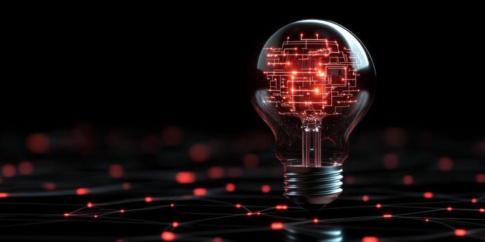 A stunning visualization of a beautifully designed light bulb with intricate microcircuit patterns glowing against a dark background, symbolizing innovation and capturing modern design and creativity photo