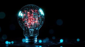 The image showcases a stunning, highresolution representation of a glowing light bulb that contains intricate microcircuit patterns, beautifully displayed against a dark and contrasting backdrop photo