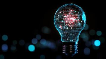 This visually stunning light bulb features a unique microcircuit pattern that illuminates beautifully against a dark background, highlighting advanced technology and innovative ideas photo