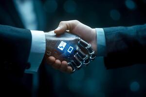 A symbolic handshake is taking place between a human hand and a robotic hand, representing the vital themes of trust and collaboration in todays everevolving business and technology landscapes photo