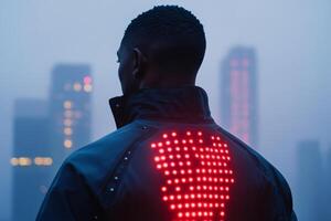 This revolutionary line of innovative smart clothing incorporates advanced technology to regulate temperature and monitor health, providing continuous wellness tracking in a modern urban environment photo