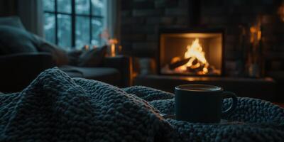 Savor a steaming cup of delightful cocoa while sitting by the soothing warmth of a crackling fireplace, which creates the perfect cozy atmosphere for ultimate winter relaxation and comfort photo