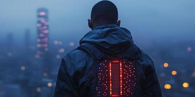 This captivating image features an individual in innovative smart clothing designed for body temperature regulation and continuous wellness monitoring in a vibrant, futuristic urban setting photo