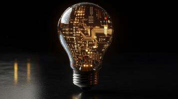 This unique light bulb features illuminated microcircuits, symbolizing modern technology and innovation. It shines brilliantly against a black background, emitting a captivating, radiant glow photo