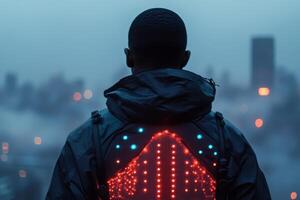 Dive into the world of innovative wearable technology that includes features for temperature regulation and wellness monitoring, all set against the backdrop of a vibrant and lively urban environment photo