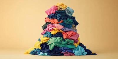 A colorful pile of crumpled clothes against a warm yellow backdrop illustrates the chaotic yet gratifying reality of everyday laundry tasks we all face, evoking familiarity and relatability photo