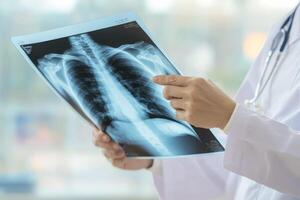A healthcare professional wearing a white coat meticulously examines a chest Xray, illustrating the intricate diagnostic practices being conducted in a clinical setting during daylight hours photo