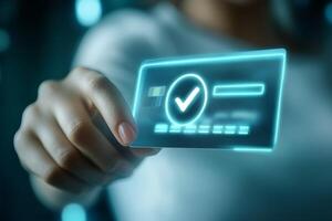 A person is confirming a secure online payment with a credit card on a digital interface, featuring a verification tick symbol, showcasing the importance of safe internet banking practices photo