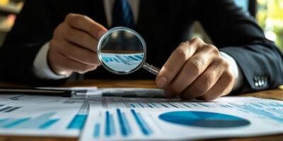 An experienced professional examines financial statements with a magnifying glass, highlighting the crucial role of thorough audits in detecting potential fraud that might go unnoticed photo