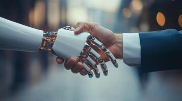 A robotic hand and a human hand engaging in a firm handshake, representing trust, collaboration, partnership, and modernday business collaborations within the rapidly evolving technology sector photo