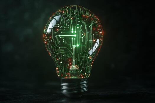 This innovative light bulb combines advanced technology with aesthetics, featuring intricate microcircuit patterns that glow vibrantly green against a dark backdrop for a stunning effect photo